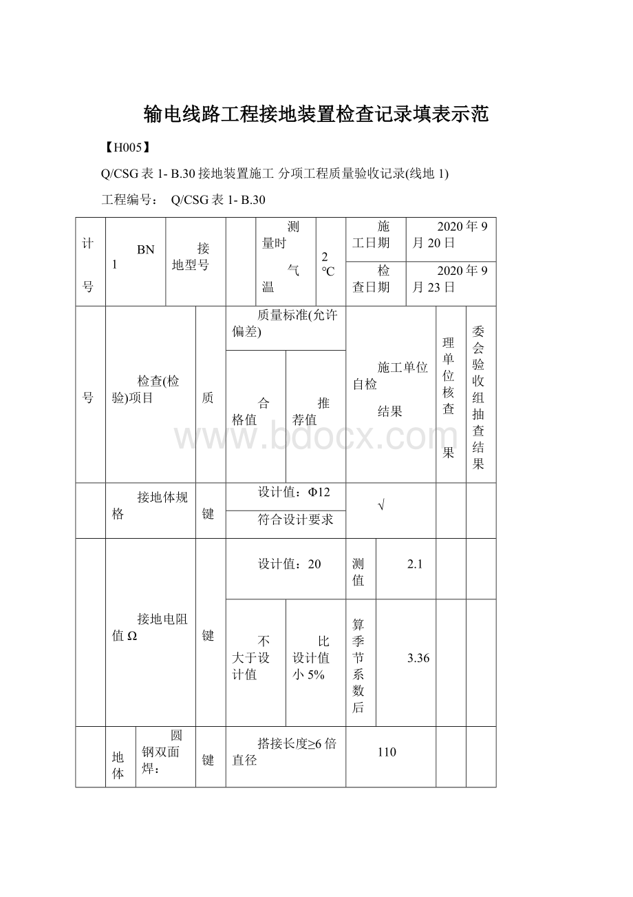 输电线路工程接地装置检查记录填表示范.docx