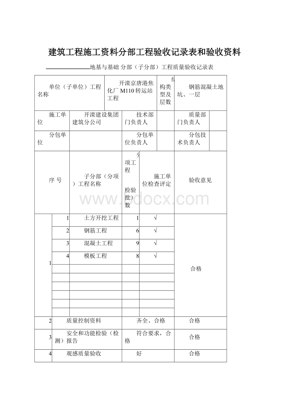 建筑工程施工资料分部工程验收记录表和验收资料Word下载.docx