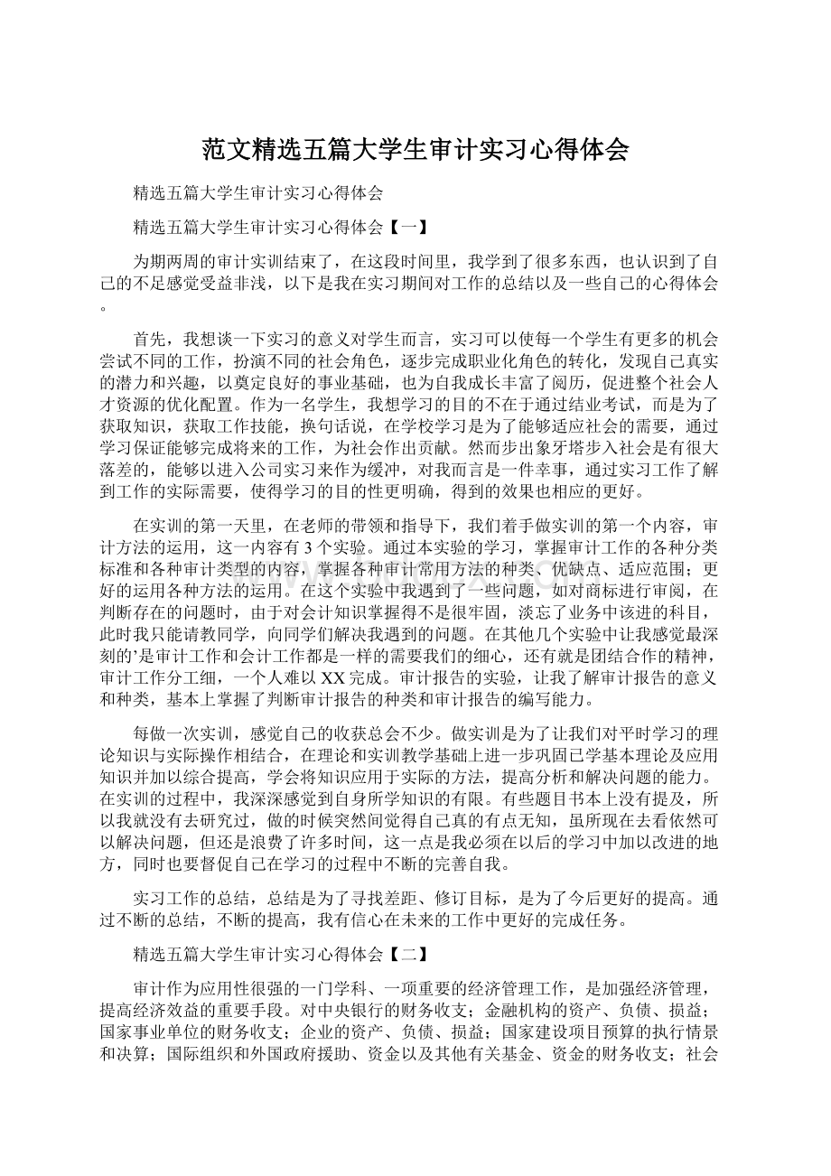 范文精选五篇大学生审计实习心得体会Word文档格式.docx