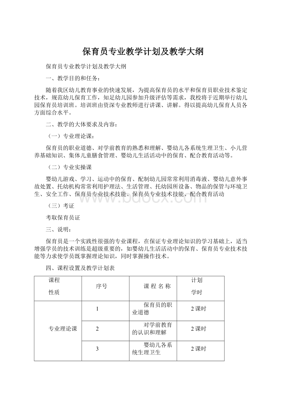 保育员专业教学计划及教学大纲Word文档格式.docx_第1页