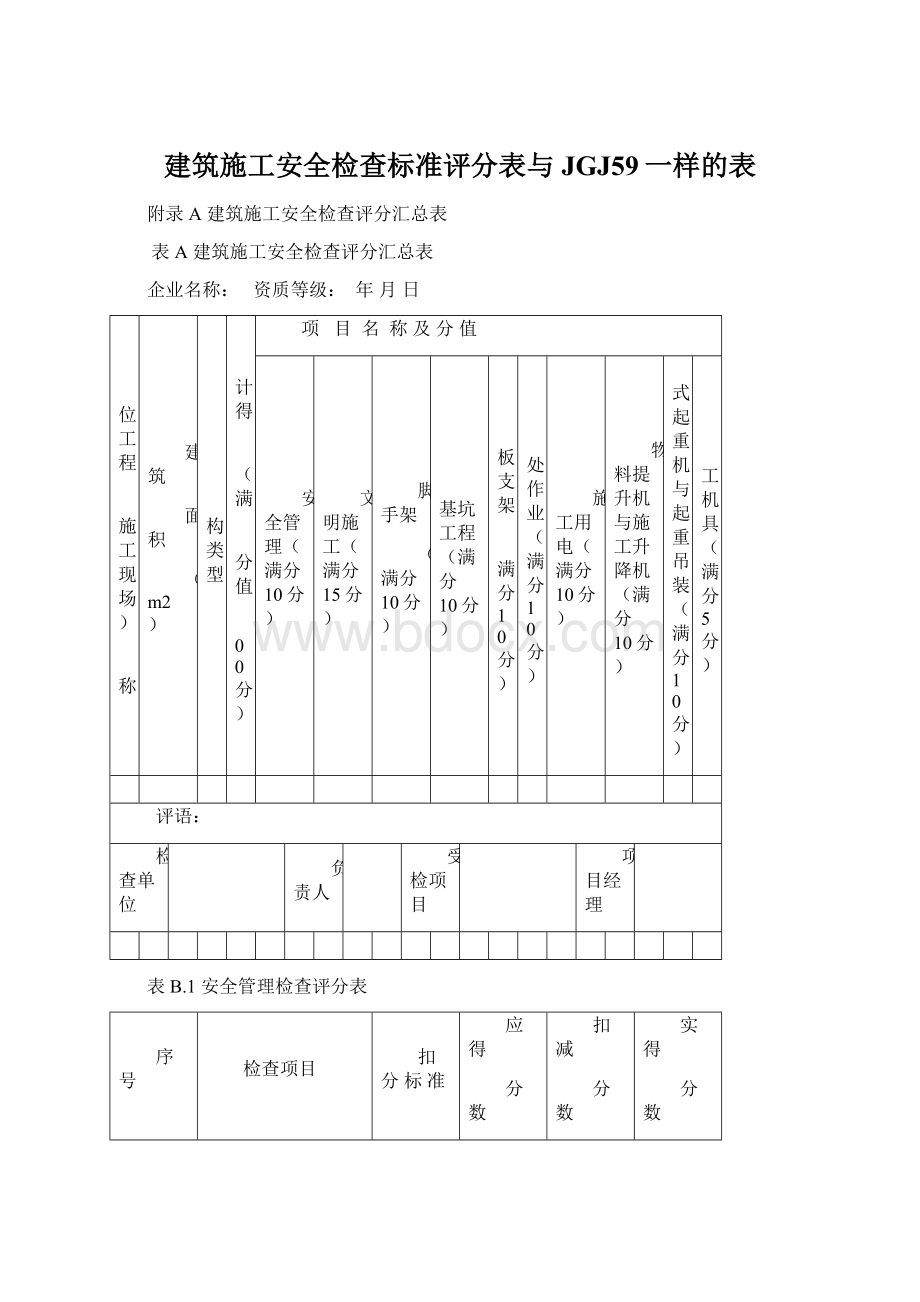 建筑施工安全检查标准评分表与JGJ59一样的表Word文档格式.docx_第1页