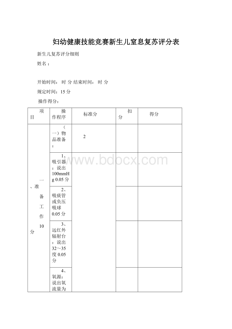 妇幼健康技能竞赛新生儿窒息复苏评分表.docx_第1页