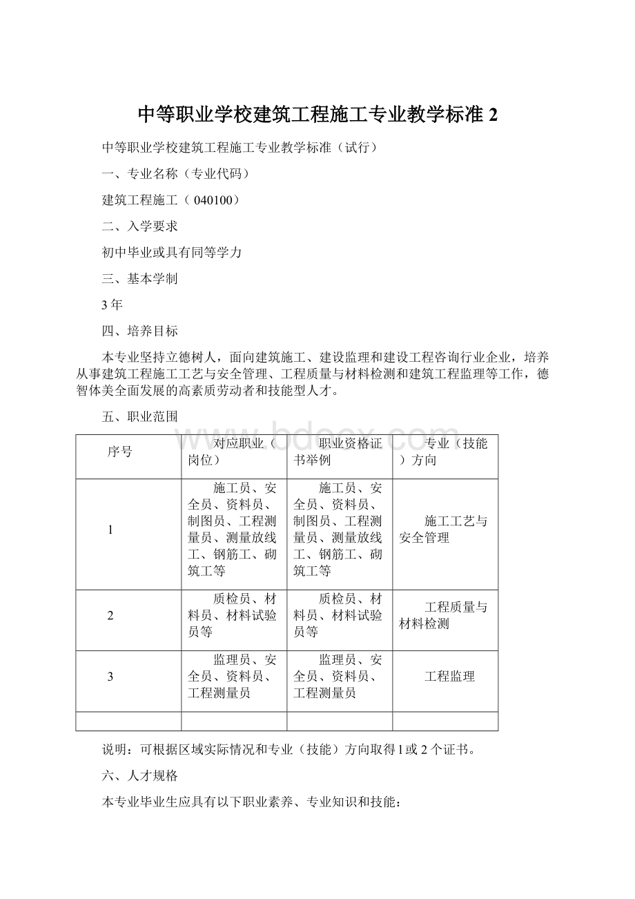 中等职业学校建筑工程施工专业教学标准 2Word格式.docx_第1页