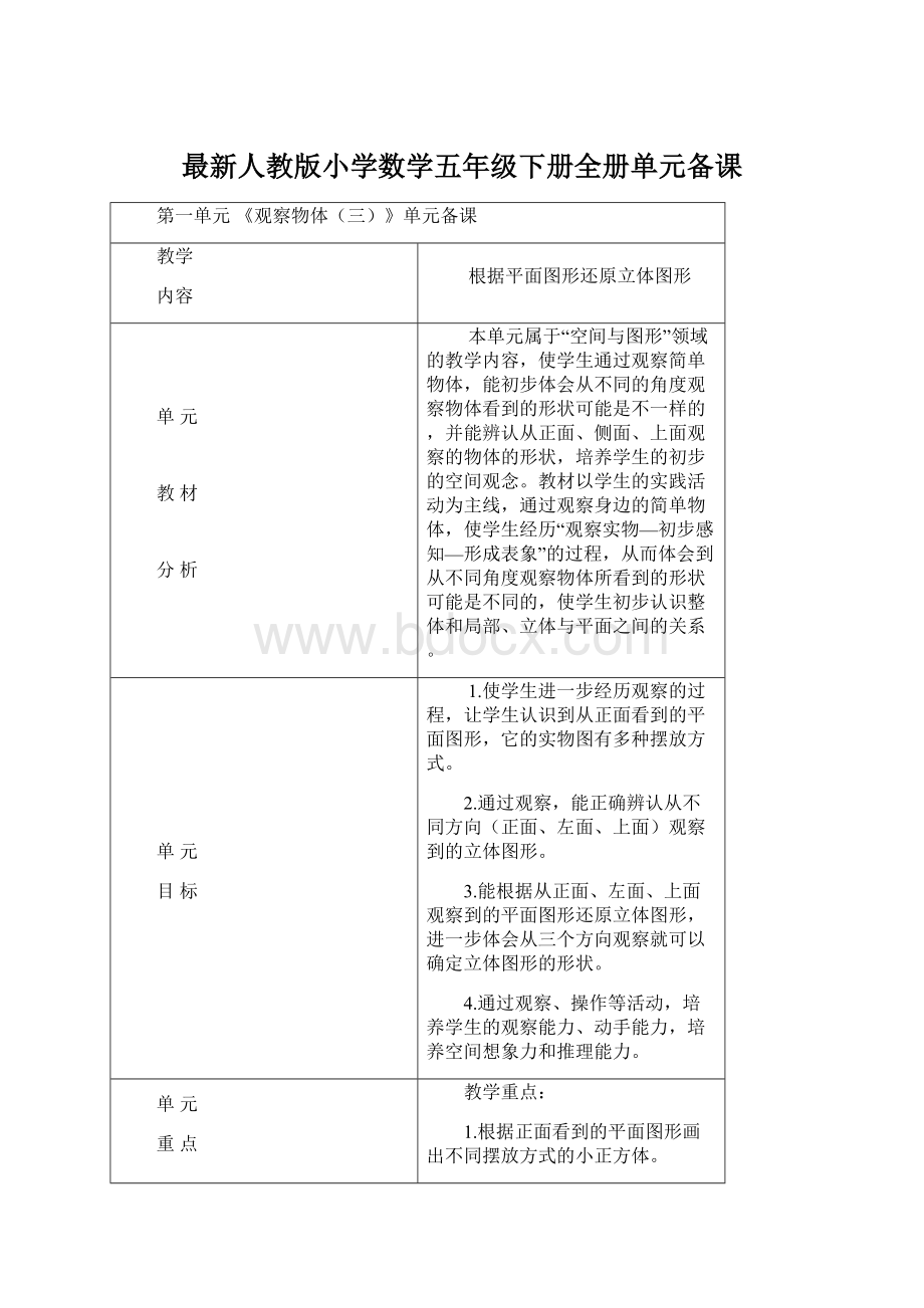 最新人教版小学数学五年级下册全册单元备课.docx