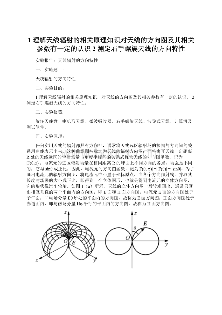 1 理解天线辐射的相关原理知识对天线的方向图及其相关参数有一定的认识 2 测定右手螺旋天线的方向特性Word文档下载推荐.docx