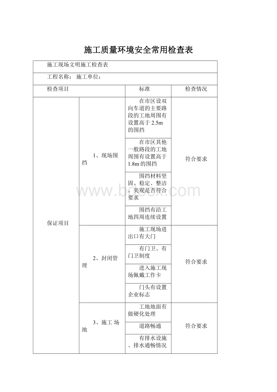 施工质量环境安全常用检查表Word下载.docx