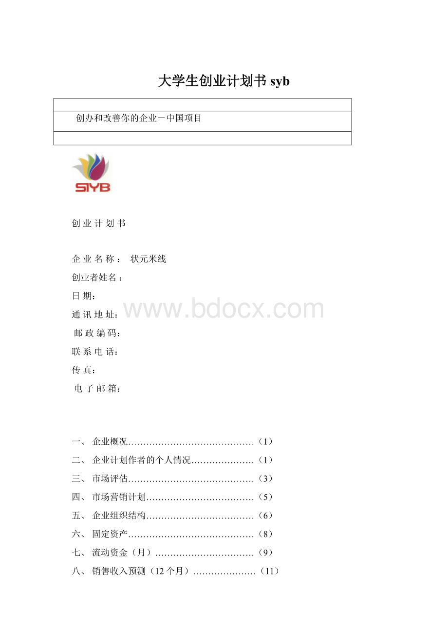 大学生创业计划书sybWord文档格式.docx_第1页