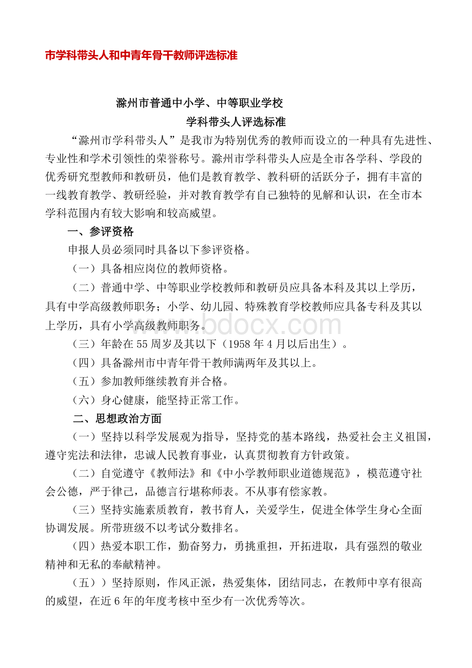 市学科带头人和中青年骨干教师评选标准Word文档格式.docx_第1页