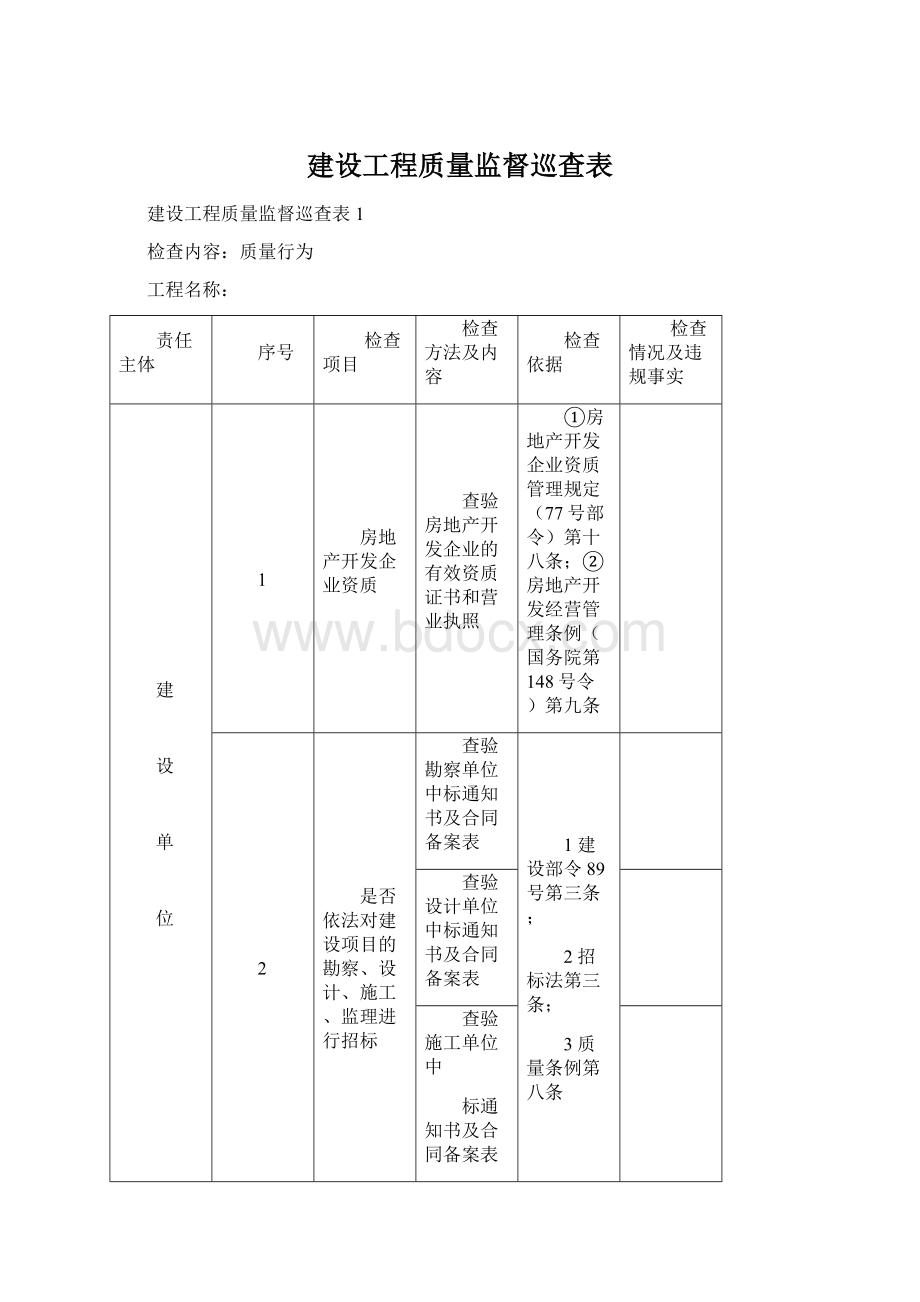 建设工程质量监督巡查表Word文件下载.docx