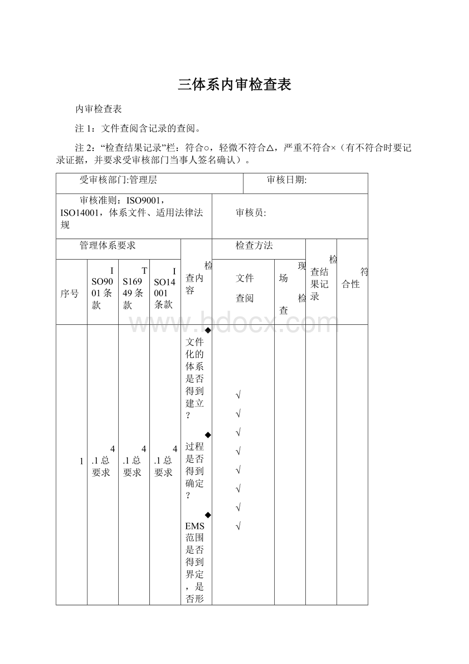 三体系内审检查表Word文件下载.docx