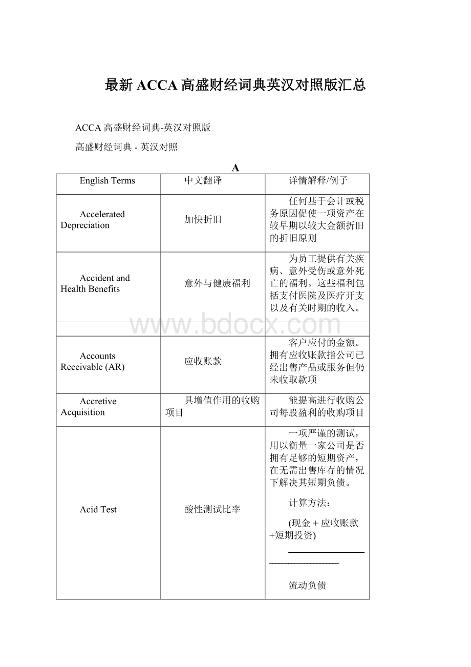 最新ACCA高盛财经词典英汉对照版汇总.docx