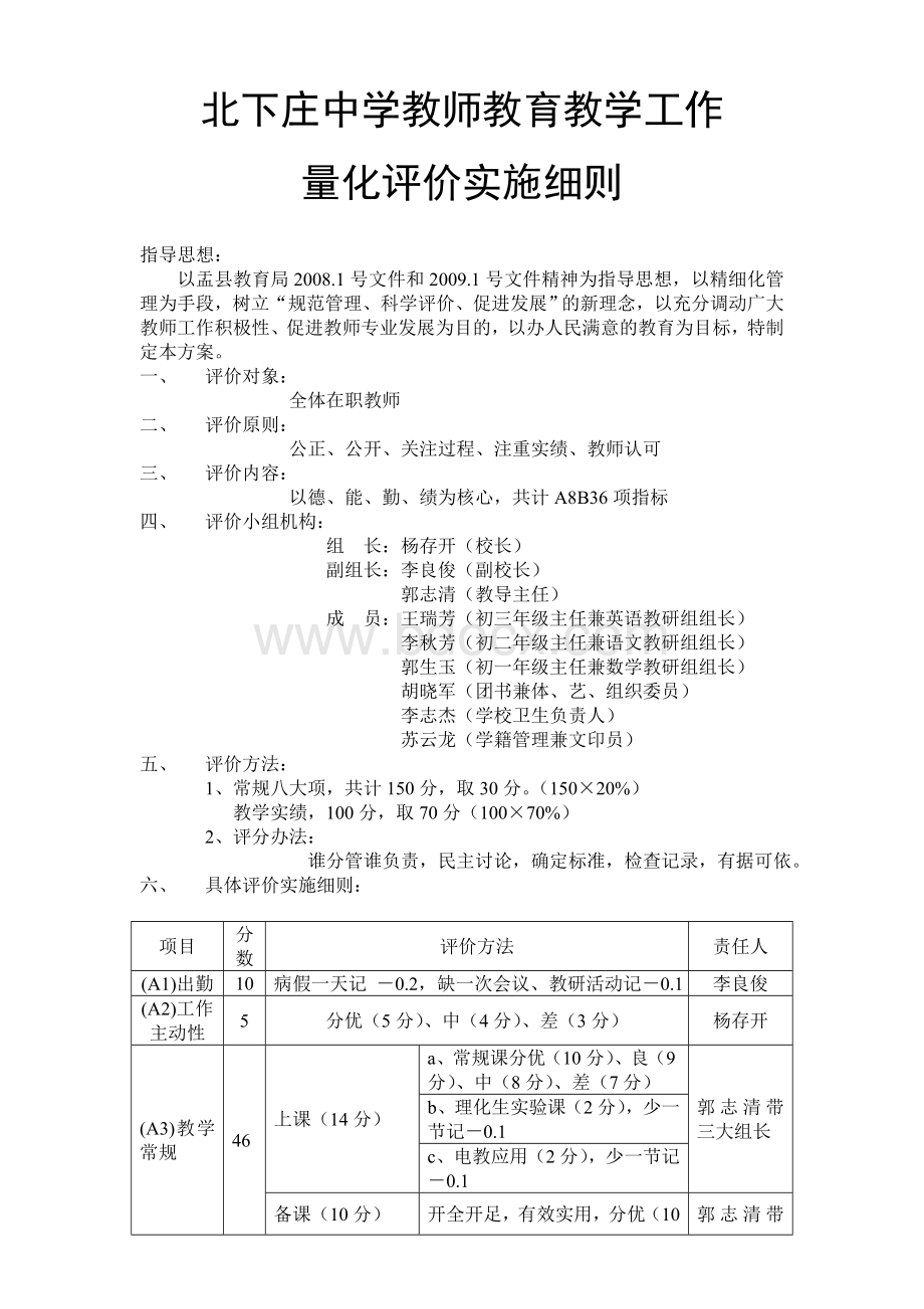 北下庄中学教师教育教学工作量化评定细则.doc