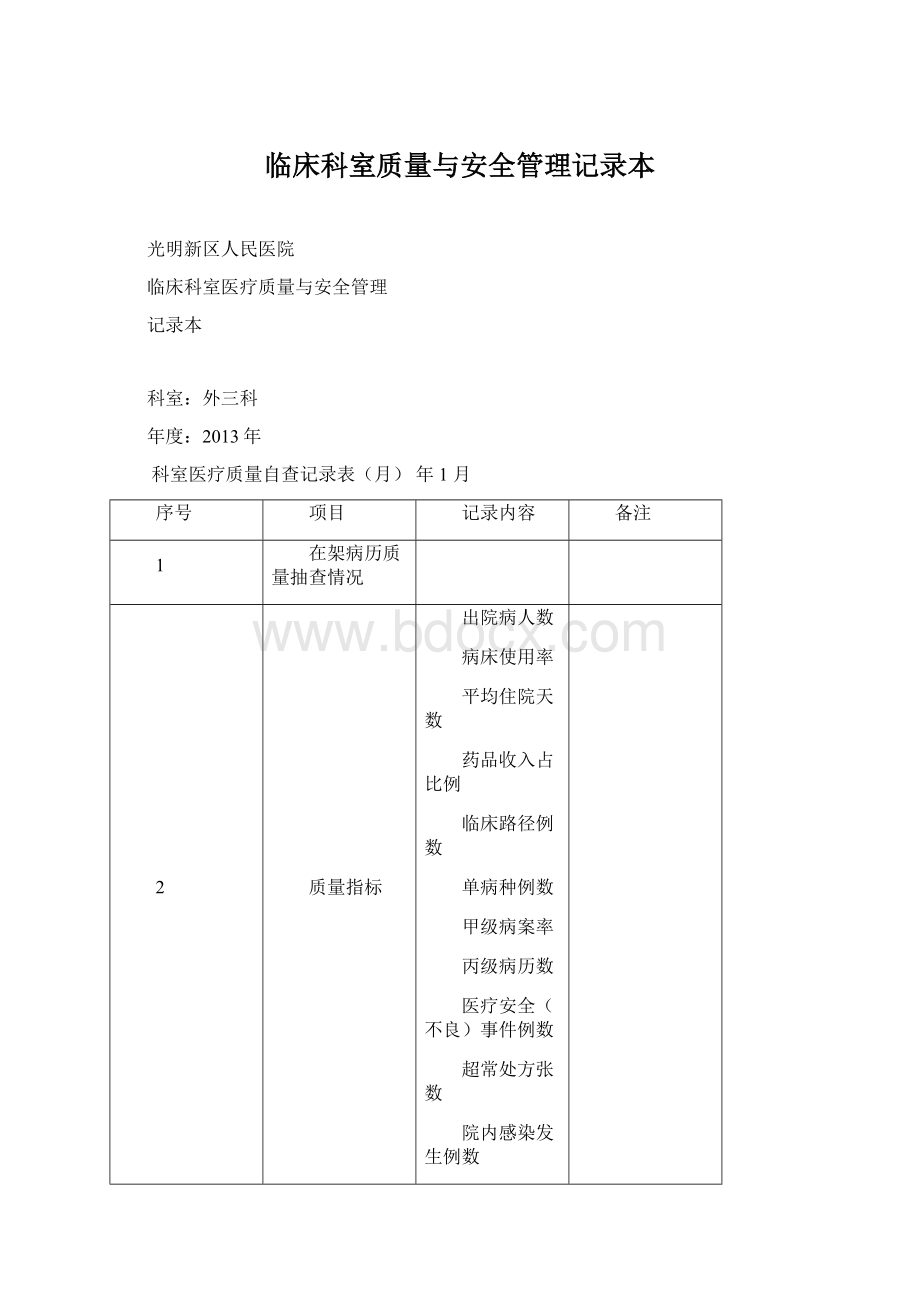 临床科室质量与安全管理记录本文档格式.docx