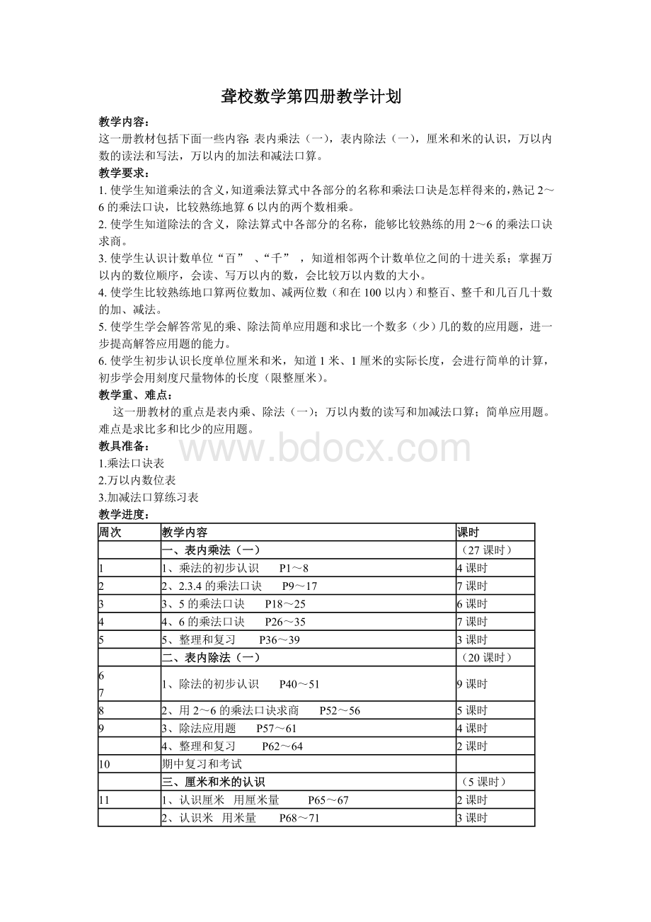 聋校数学第四册教学计划.doc