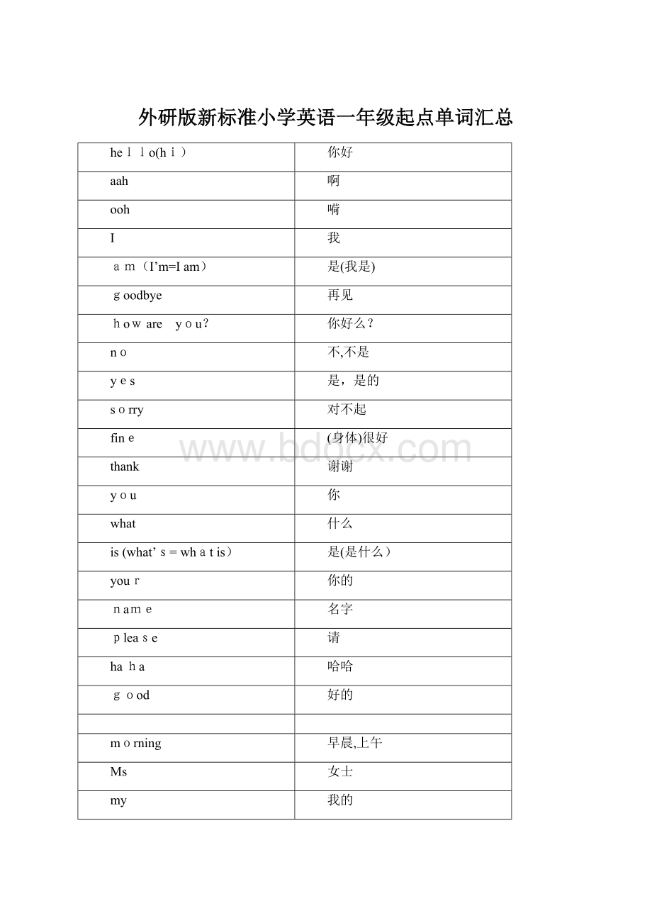 外研版新标准小学英语一年级起点单词汇总Word文件下载.docx_第1页