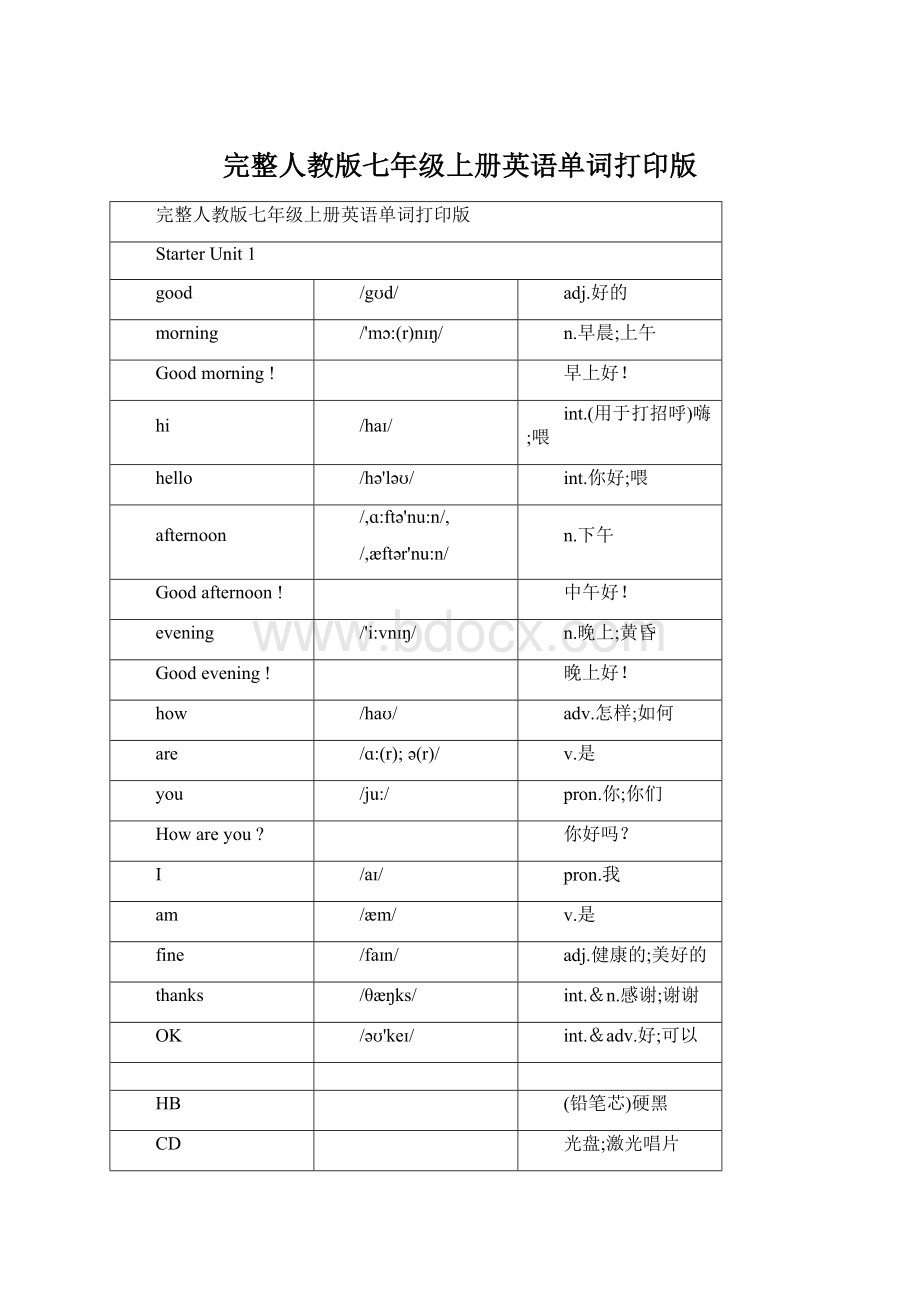 完整人教版七年级上册英语单词打印版Word文件下载.docx