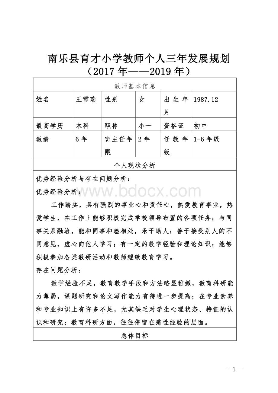 小学教师个人专业发展规划表.doc_第1页