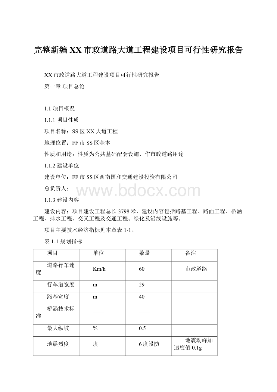 完整新编XX市政道路大道工程建设项目可行性研究报告文档格式.docx