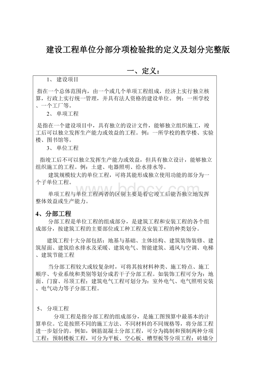 建设工程单位分部分项检验批的定义及划分完整版.docx