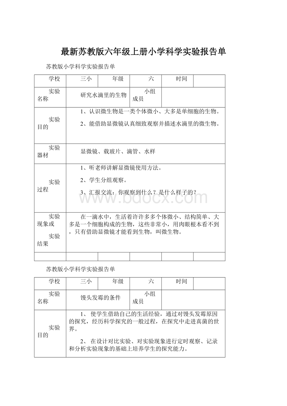 最新苏教版六年级上册小学科学实验报告单文档格式.docx