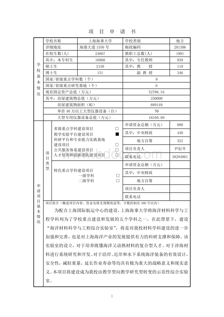 教学实验平台-海洋材料科学与工程综合实验室建设项目申请书(样稿)Word格式.doc_第2页