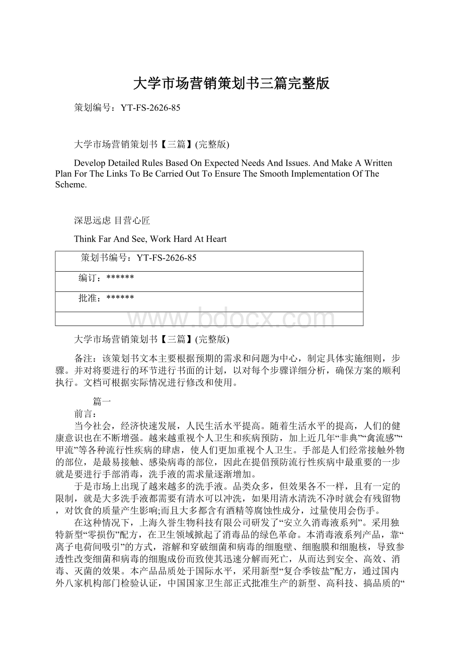 大学市场营销策划书三篇完整版文档格式.docx