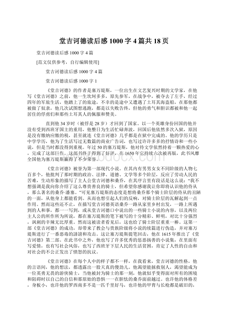 堂吉诃德读后感1000字4篇共18页Word文档下载推荐.docx