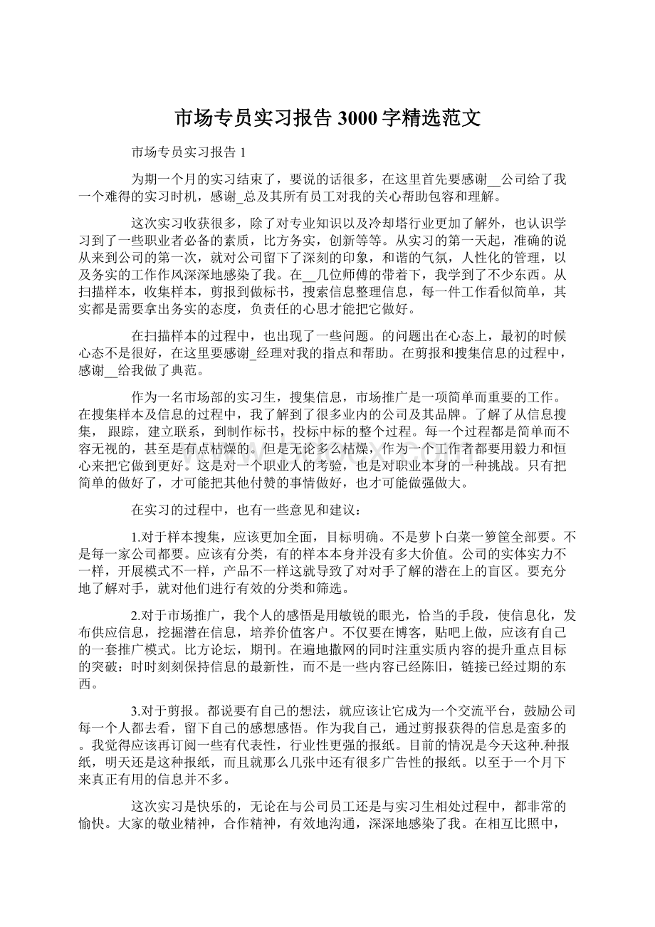 市场专员实习报告3000字精选范文文档格式.docx