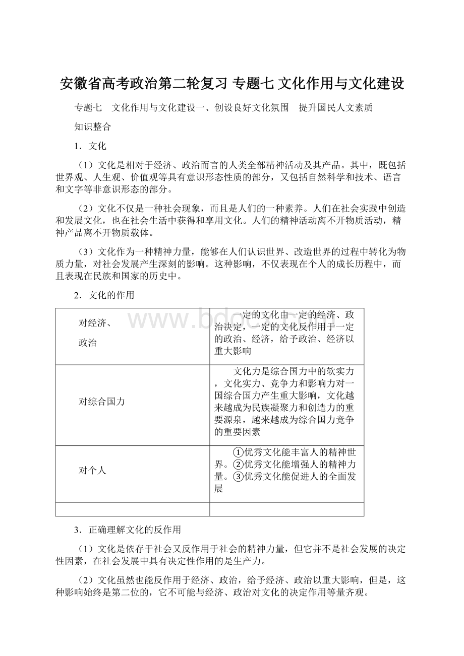 安徽省高考政治第二轮复习 专题七 文化作用与文化建设Word格式.docx_第1页