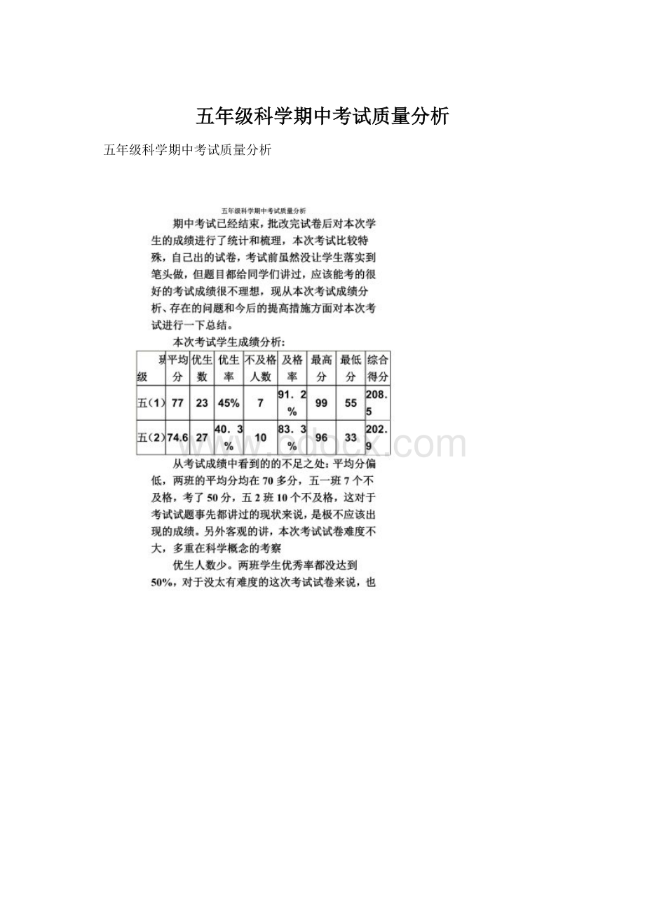 五年级科学期中考试质量分析Word格式.docx