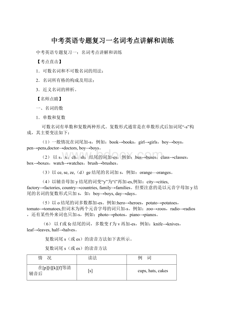 中考英语专题复习一名词考点讲解和训练.docx