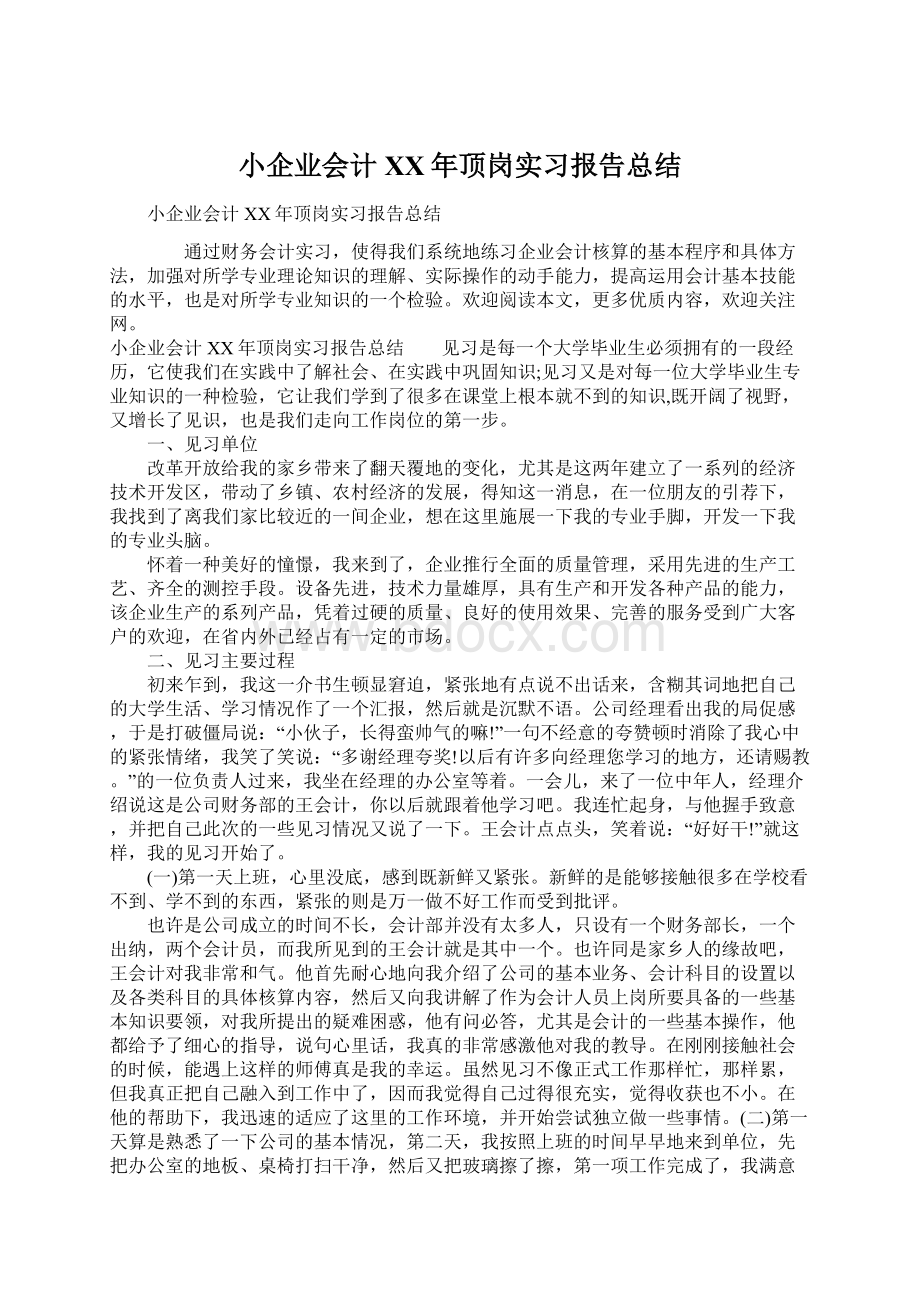 小企业会计XX年顶岗实习报告总结Word文档下载推荐.docx_第1页