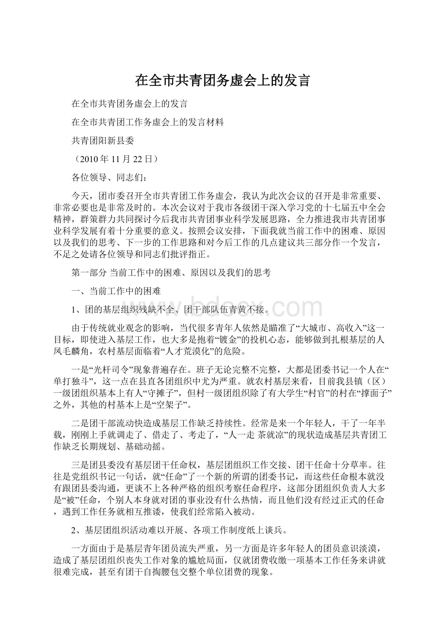 在全市共青团务虚会上的发言Word格式文档下载.docx