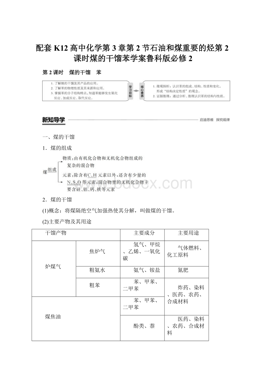 配套K12高中化学第3章第2节石油和煤重要的烃第2课时煤的干馏苯学案鲁科版必修2Word格式文档下载.docx