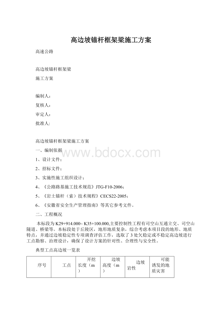 高边坡锚杆框架梁施工方案Word文档下载推荐.docx_第1页