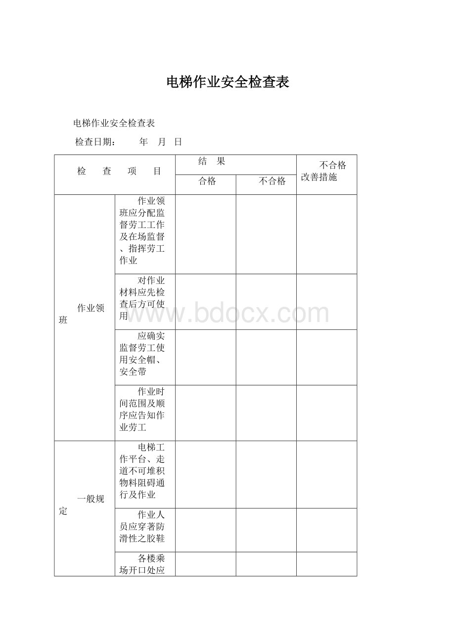 电梯作业安全检查表Word下载.docx