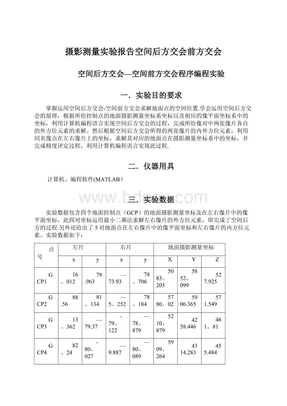 摄影测量实验报告空间后方交会前方交会Word文档格式.docx