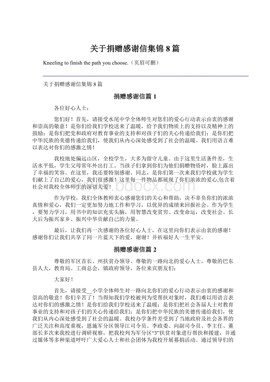 关于捐赠感谢信集锦8篇Word文档格式.docx