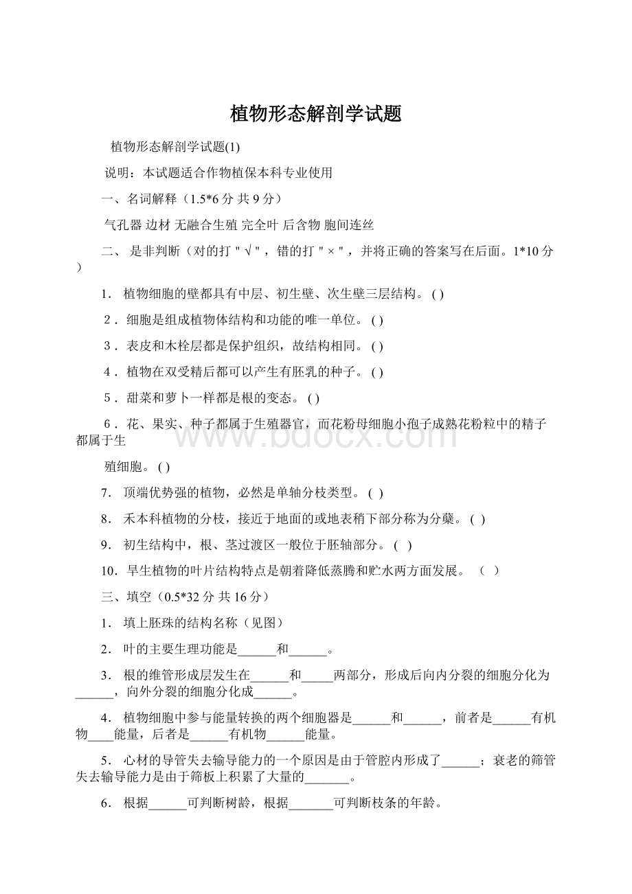 植物形态解剖学试题.docx_第1页