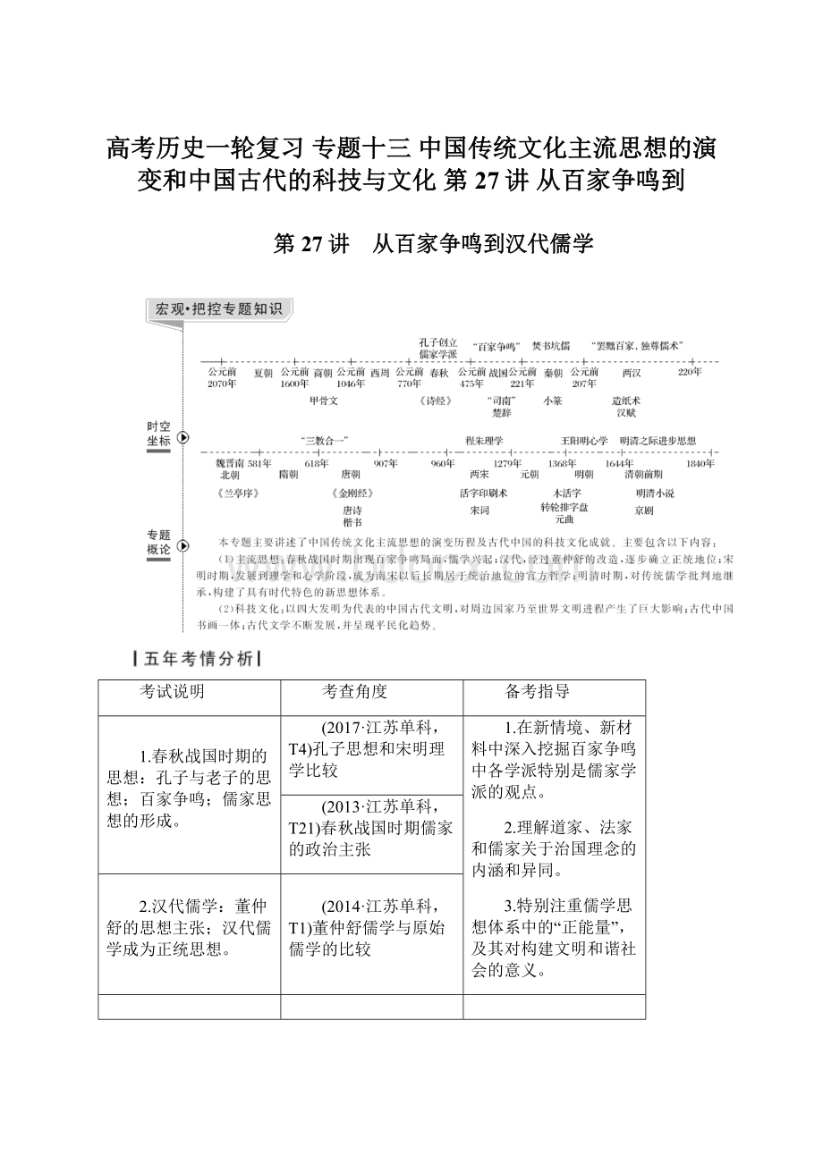 高考历史一轮复习 专题十三 中国传统文化主流思想的演变和中国古代的科技与文化 第27讲 从百家争鸣到.docx