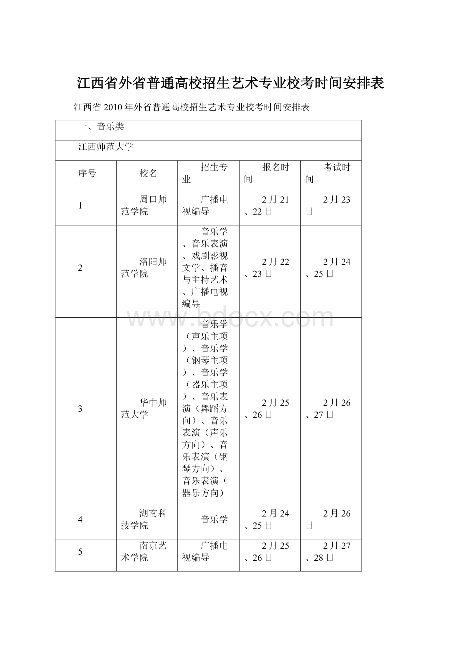 江西省外省普通高校招生艺术专业校考时间安排表Word格式.docx