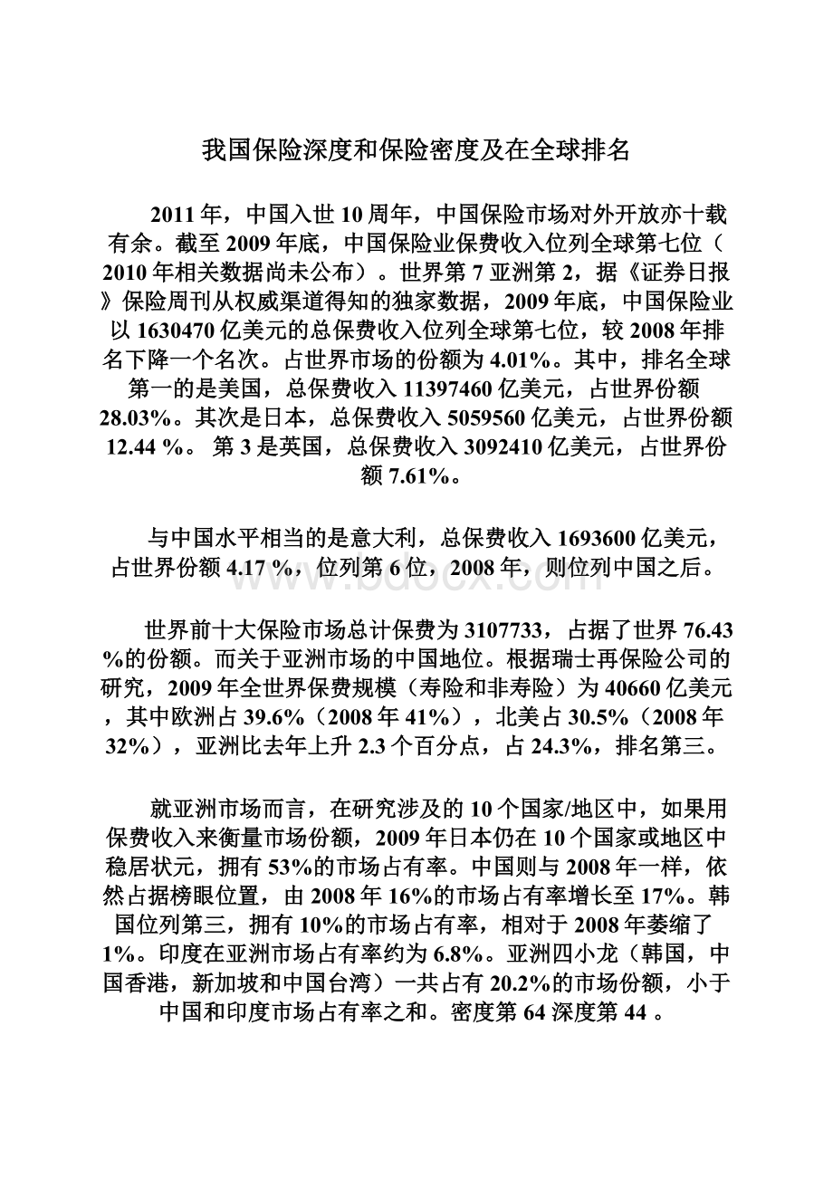 我国保险深度和保险密度及在全球排名文档格式.docx_第1页