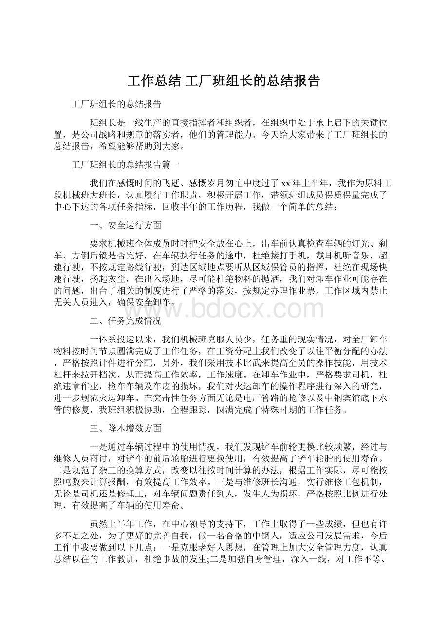 工作总结 工厂班组长的总结报告.docx