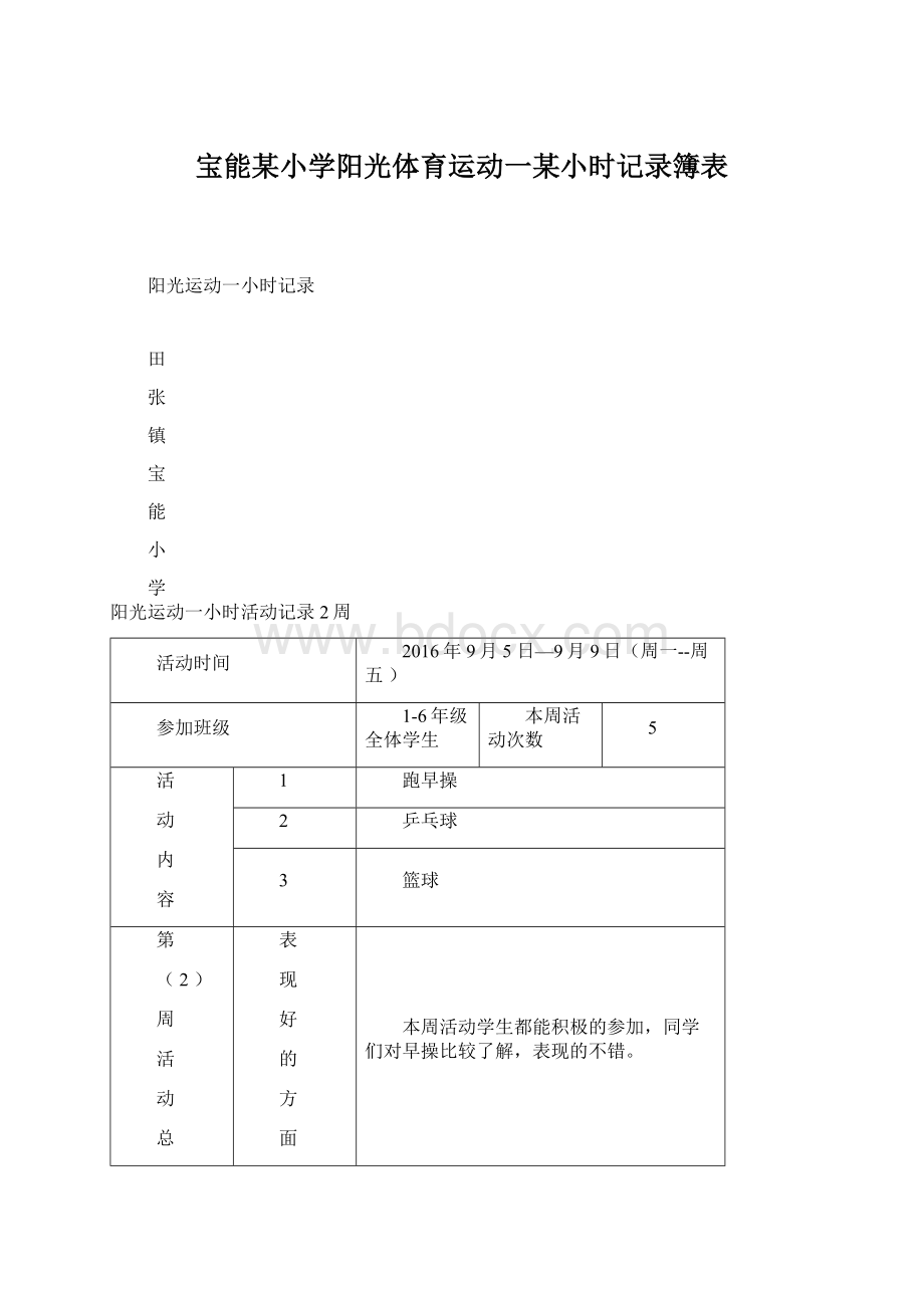 宝能某小学阳光体育运动一某小时记录簿表.docx