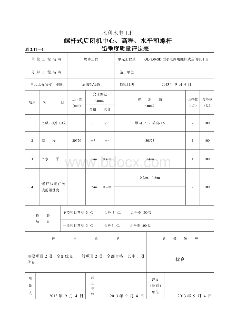 螺杆式启闭机安装单元工程质量评定表(例表).doc_第2页