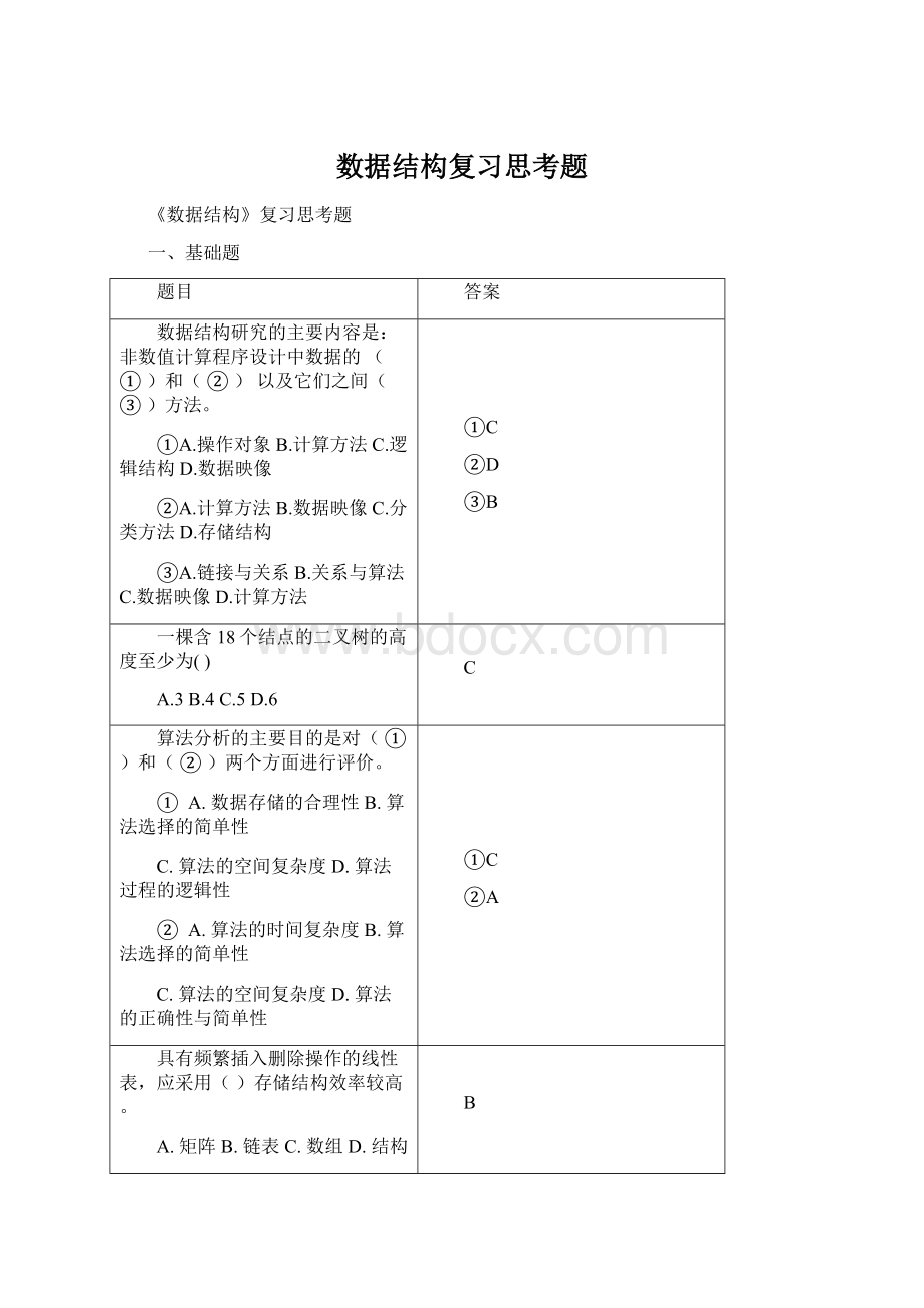 数据结构复习思考题Word文档格式.docx