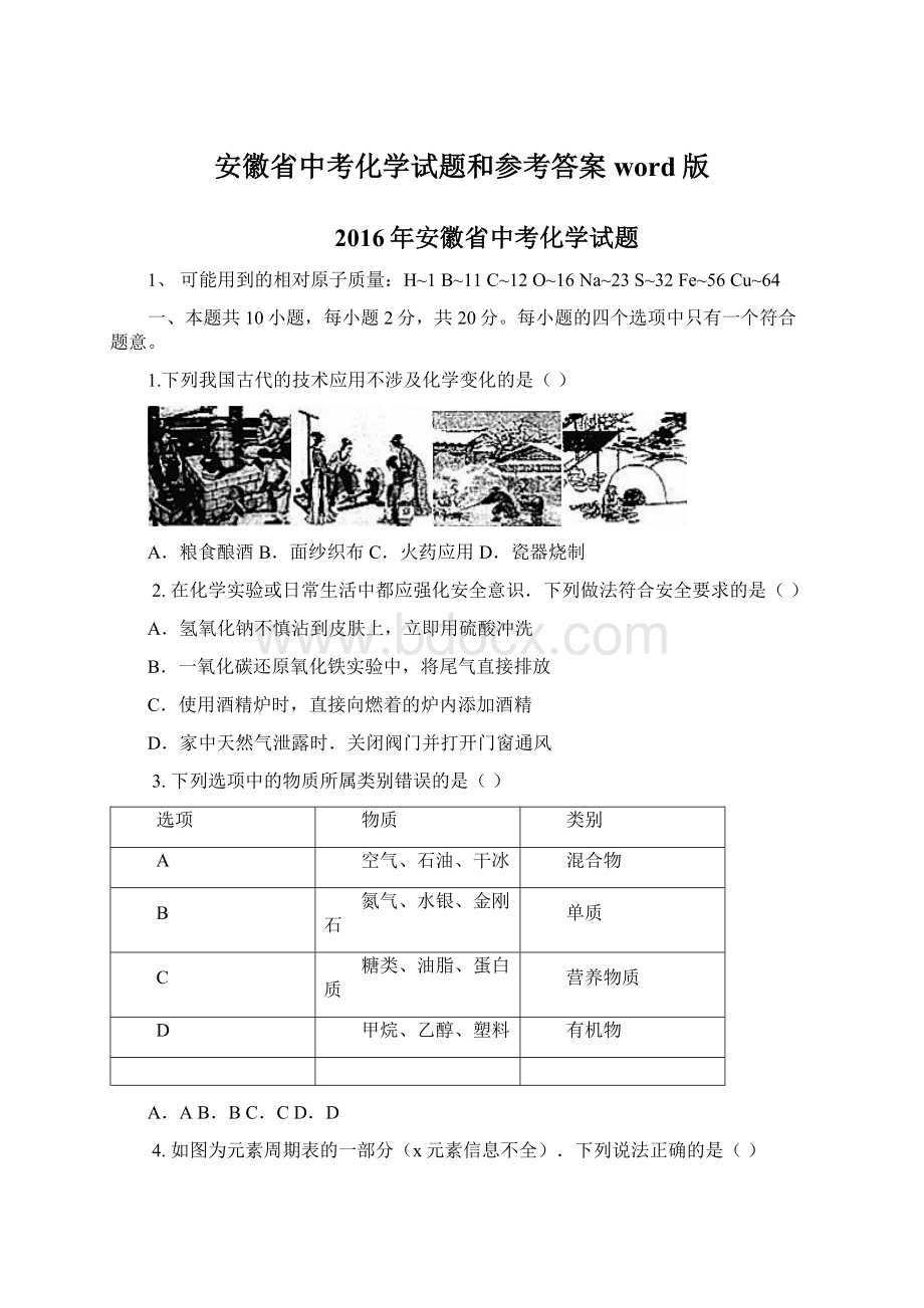 安徽省中考化学试题和参考答案word版.docx_第1页