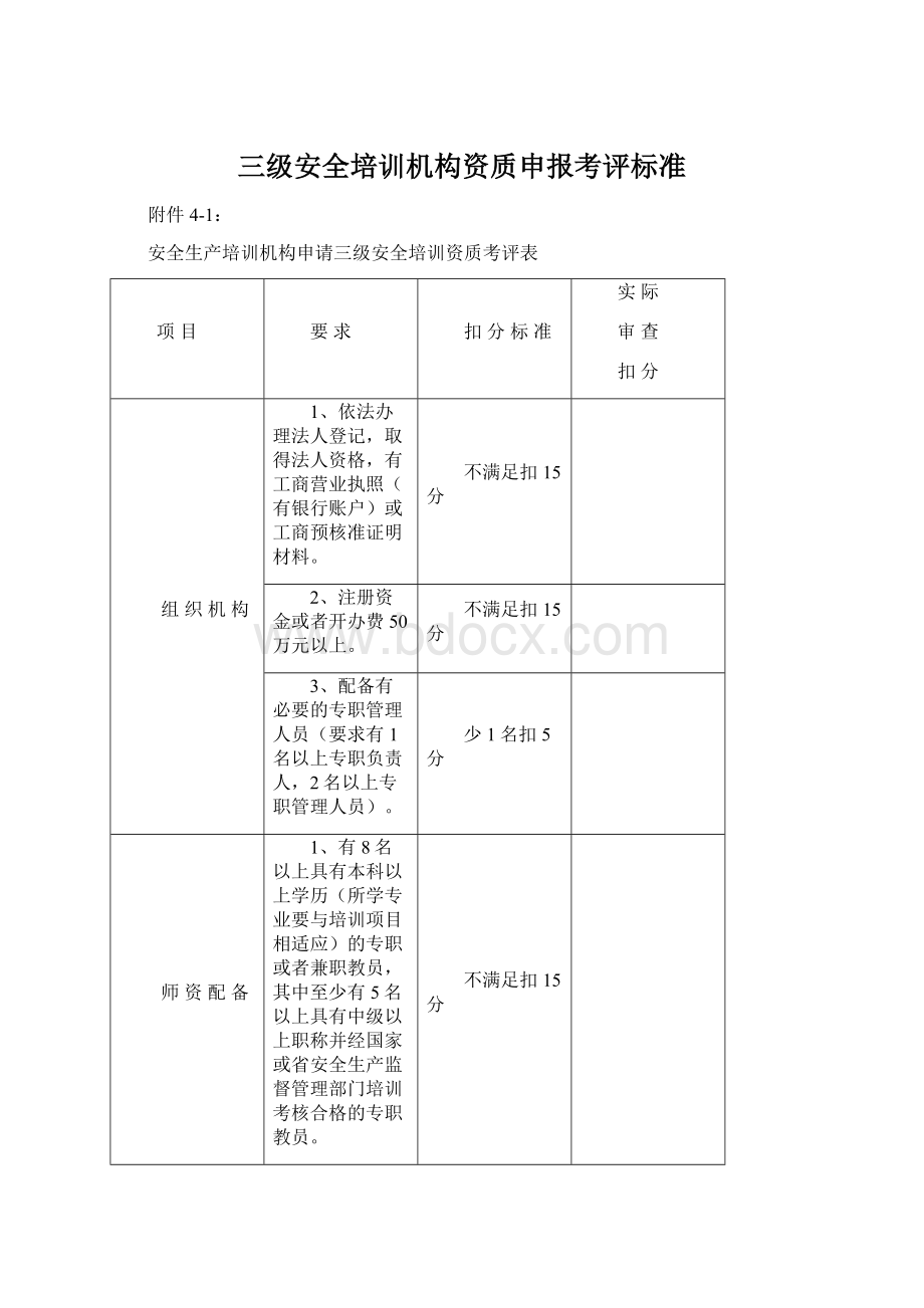 三级安全培训机构资质申报考评标准.docx