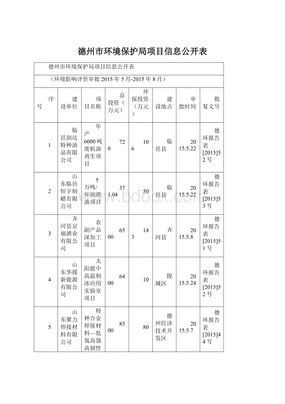 德州市环境保护局项目信息公开表.docx