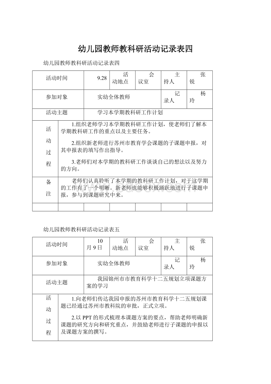 幼儿园教师教科研活动记录表四Word文档下载推荐.docx